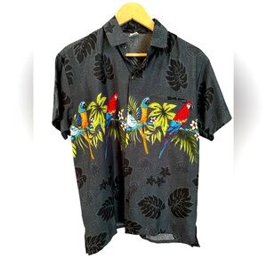 Vintage Black Hawaiian Aloha Shirt, with Tropical Birds. Size Small